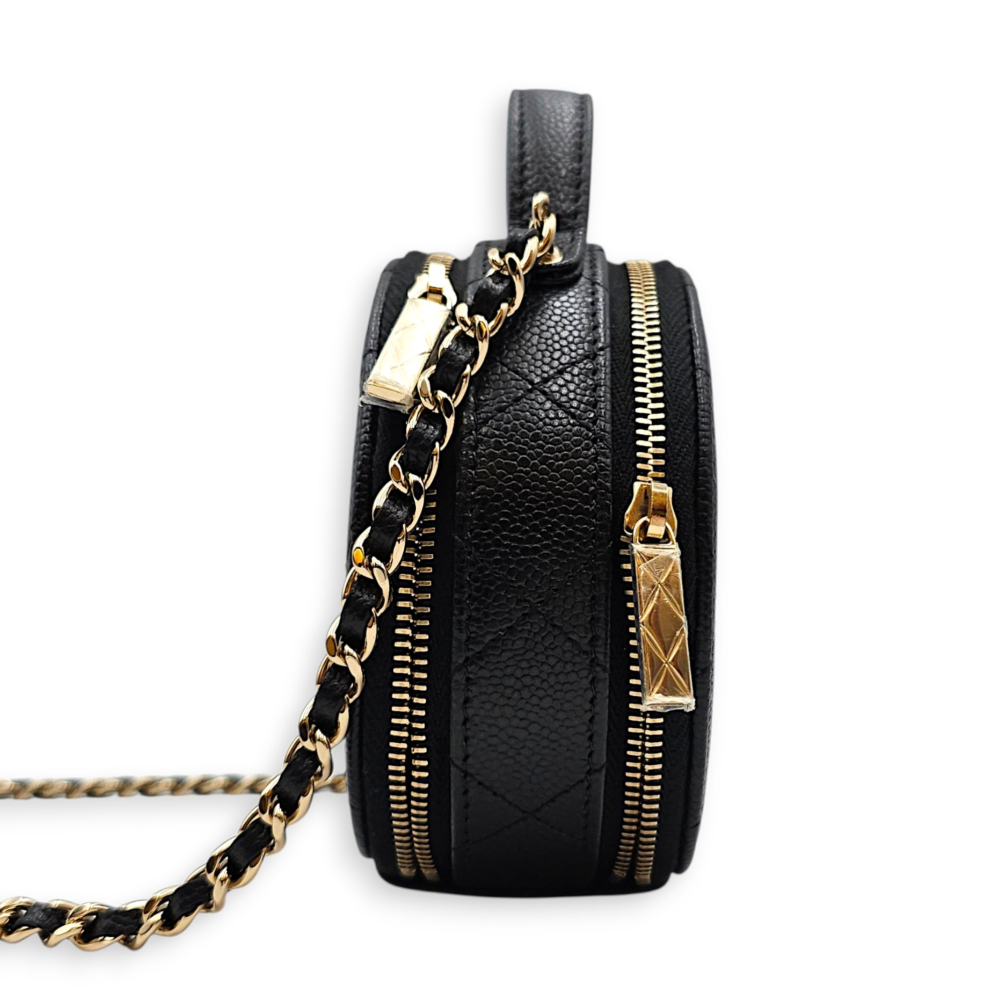 Quilted Mini Round Vanity Bag with Chain Black Crossbody Bag in Caviar Leather Gold hardware