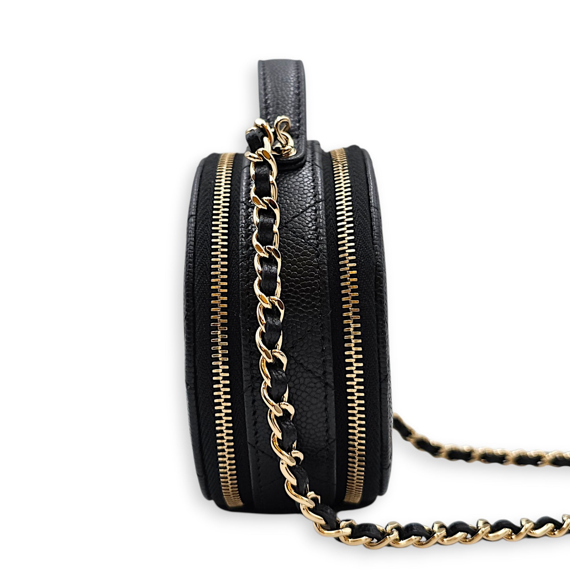 Quilted Mini Round Vanity Bag with Chain Black Crossbody Bag in Caviar Leather Gold hardware