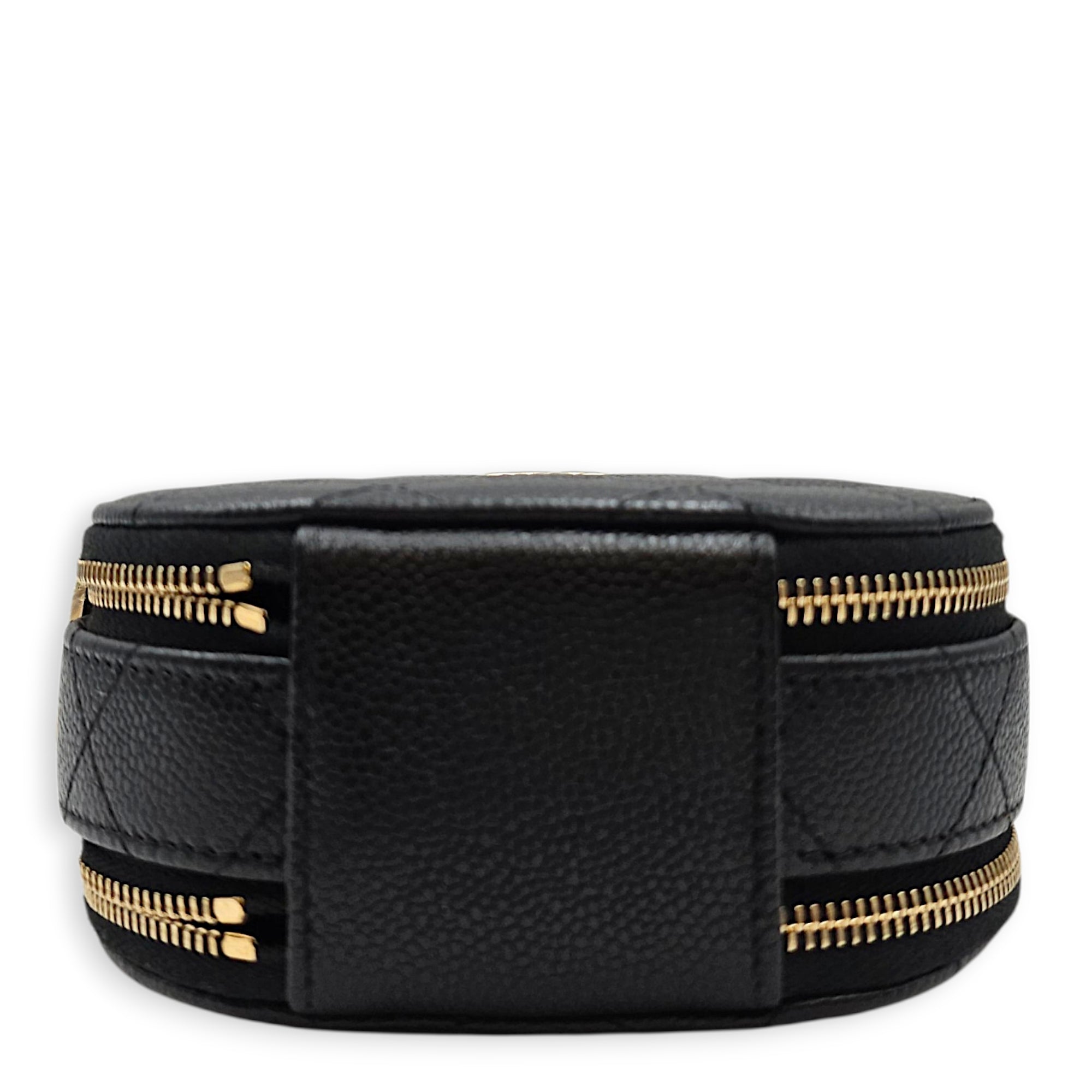 Quilted Mini Round Vanity Bag with Chain Black Crossbody Bag in Caviar Leather Gold hardware
