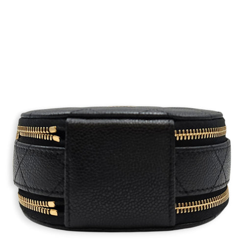 Quilted Mini Round Vanity Bag with Chain Black Crossbody Bag in Caviar Leather Gold hardware