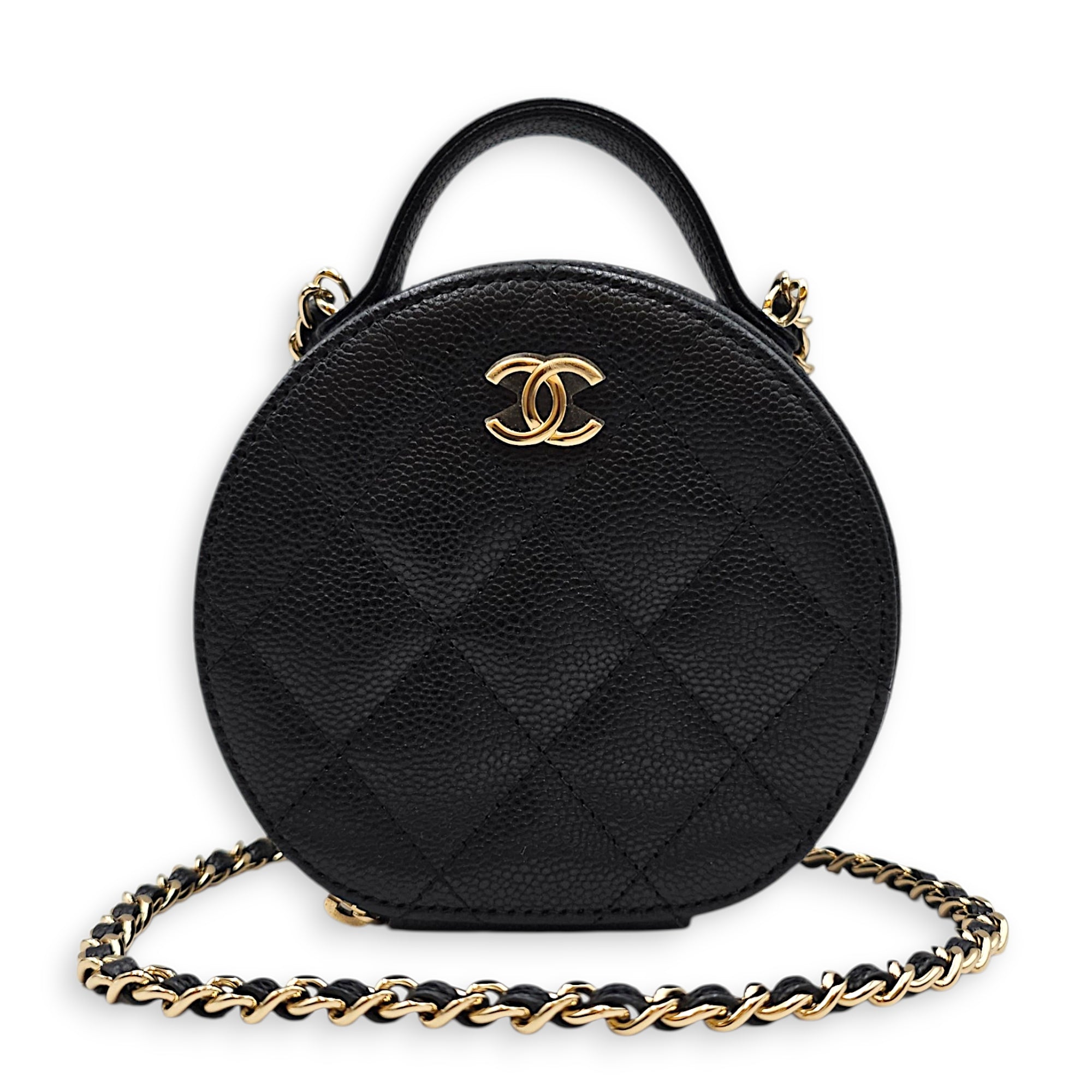 Quilted Mini Round Vanity Bag with Chain Black Crossbody Bag in Caviar Leather Gold hardware