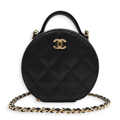 Quilted Mini Round Vanity Bag with Chain Black Crossbody Bag in Caviar Leather Gold hardware