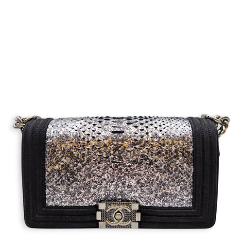 Silver Python Flap Medium Black Shoulder Bag in Suede Leather Silver hardware CL2605-21479 1