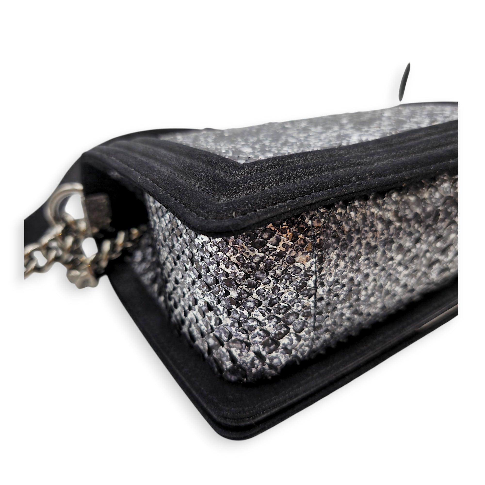 Silver Python Flap Black Shoulder Bag in Suede Leather Silver hardware