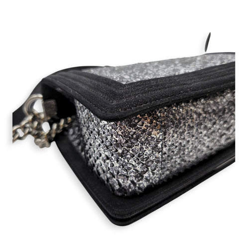 Silver Python Flap Black Shoulder Bag in Suede Leather Silver hardware