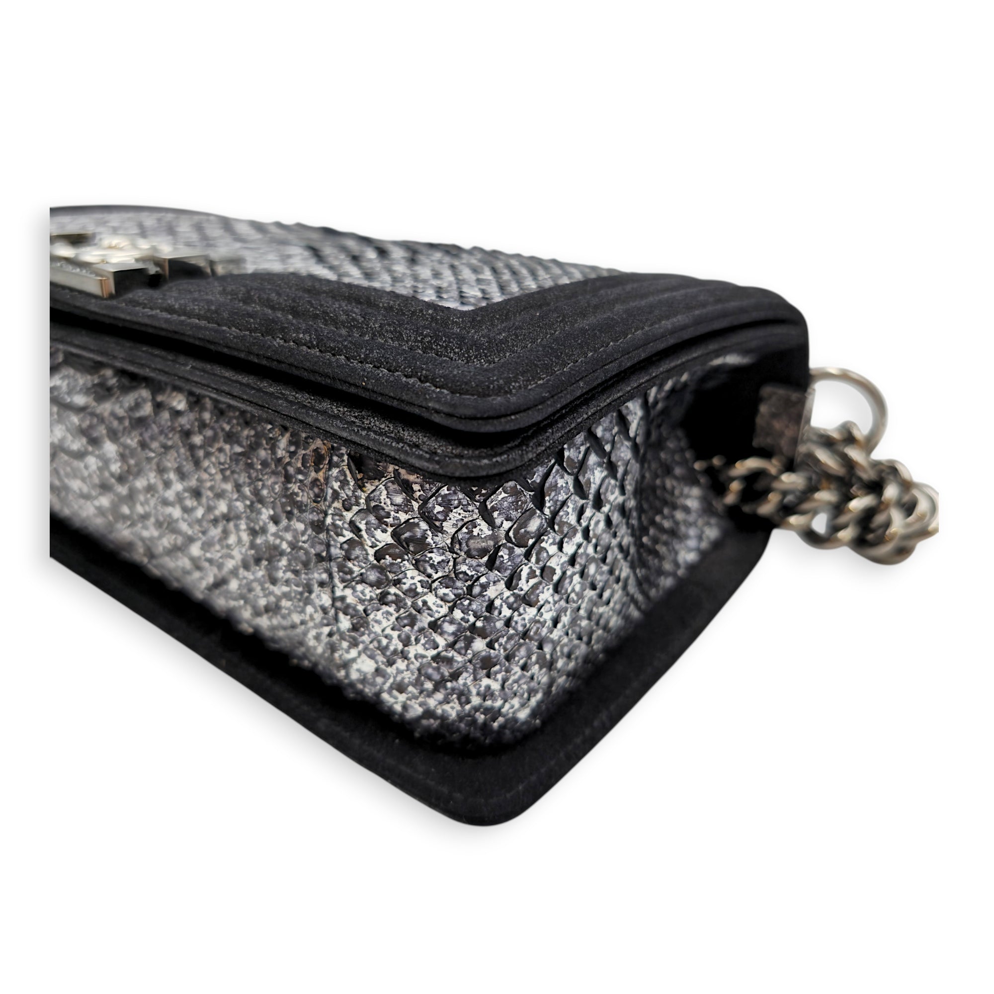 Silver Python Flap Black Shoulder Bag in Suede Leather Silver hardware