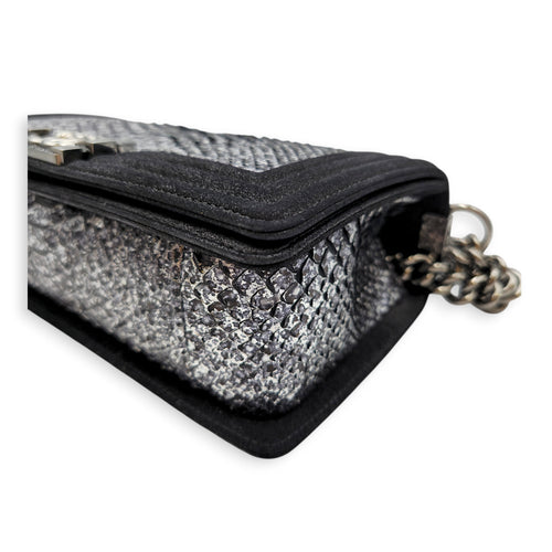 Silver Python Flap Black Shoulder Bag in Suede Leather Silver hardware