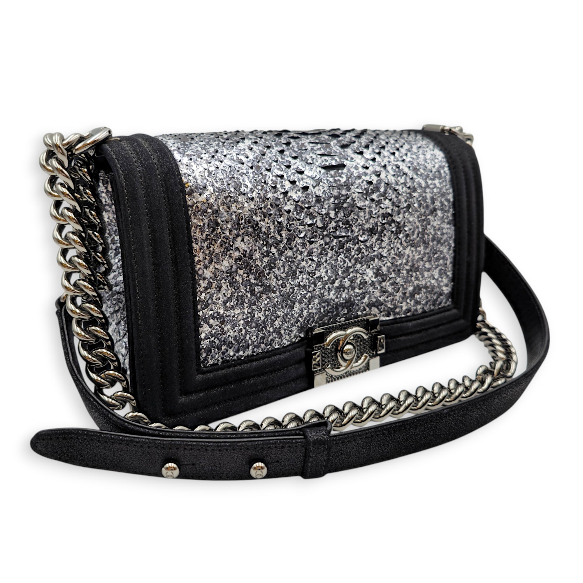 Silver Python Flap Black Shoulder Bag in Suede Leather Silver hardware