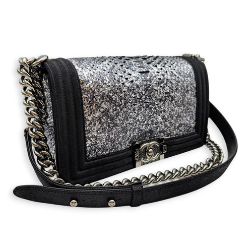 Silver Python Flap Black Shoulder Bag in Suede Leather Silver hardware