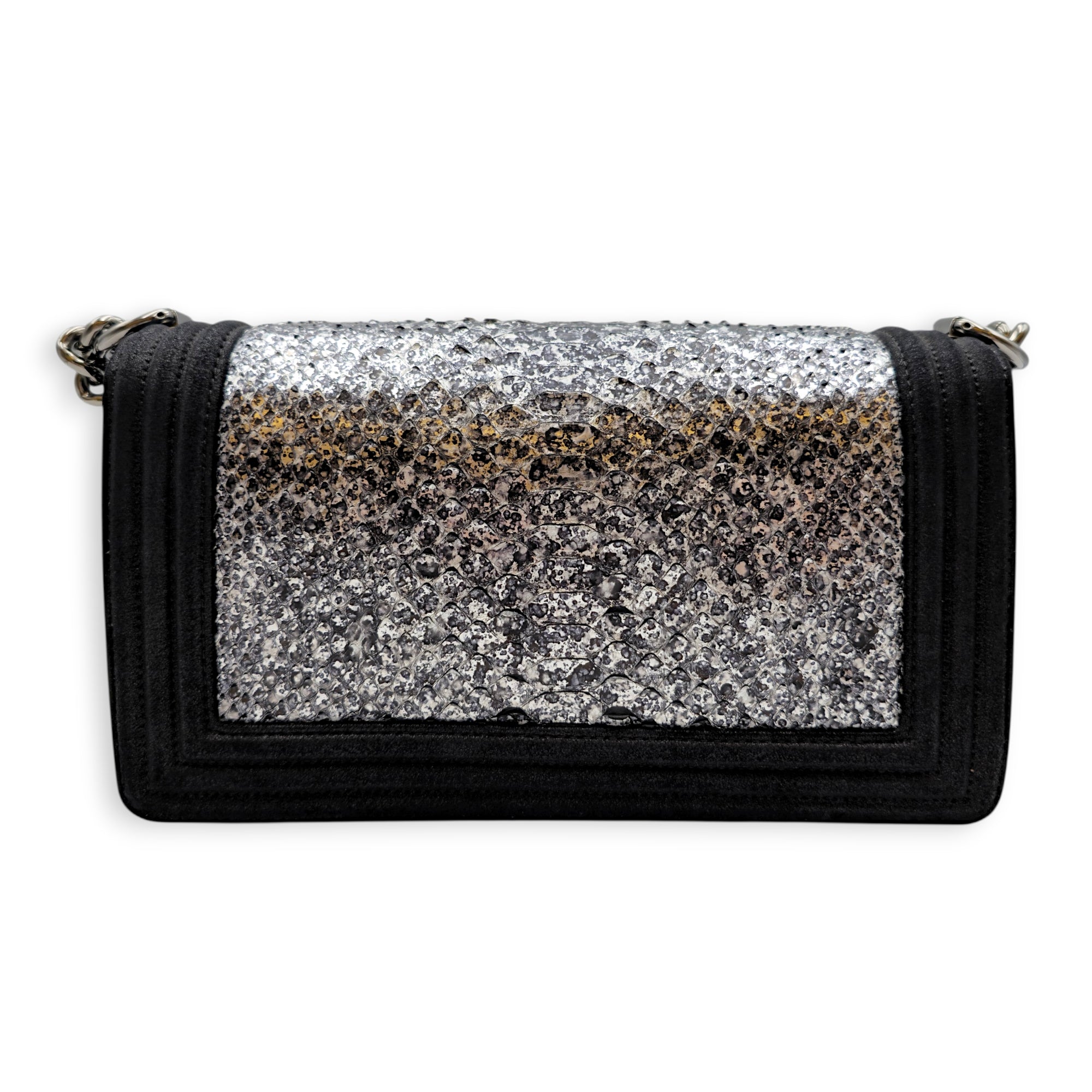Silver Python Flap Black Shoulder Bag in Suede Leather Silver hardware