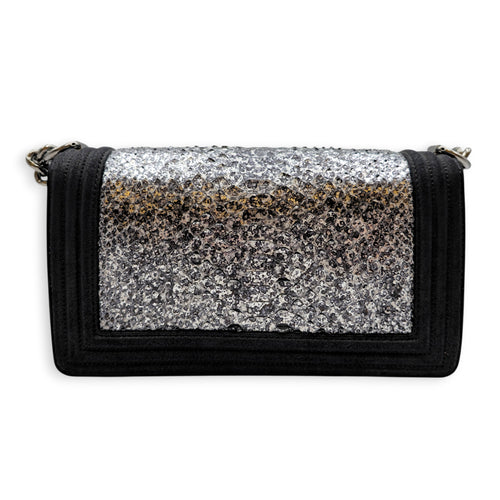 Silver Python Flap Black Shoulder Bag in Suede Leather Silver hardware