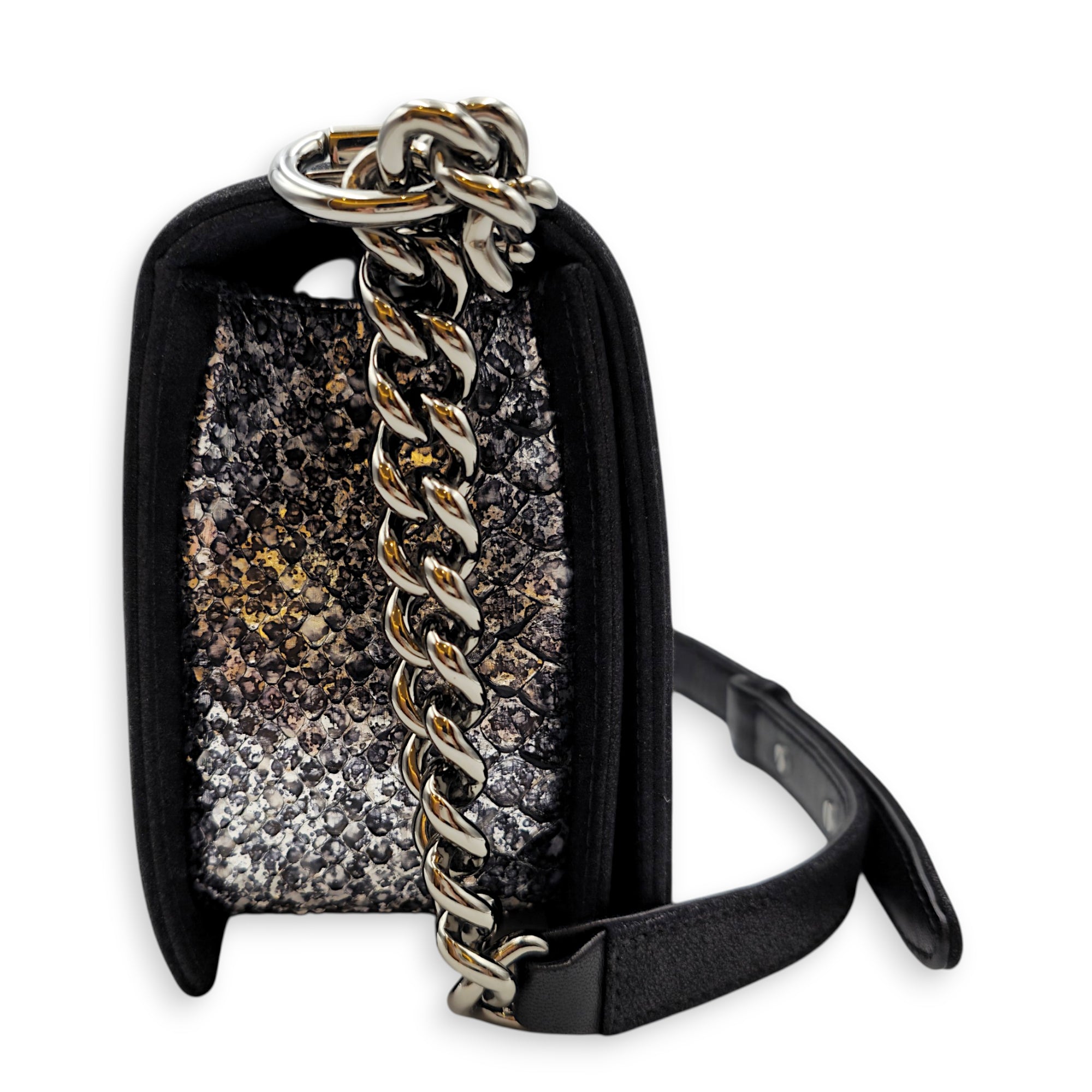 Silver Python Flap Black Shoulder Bag in Suede Leather Silver hardware