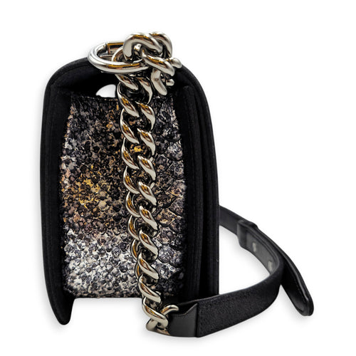 Silver Python Flap Black Shoulder Bag in Suede Leather Silver hardware