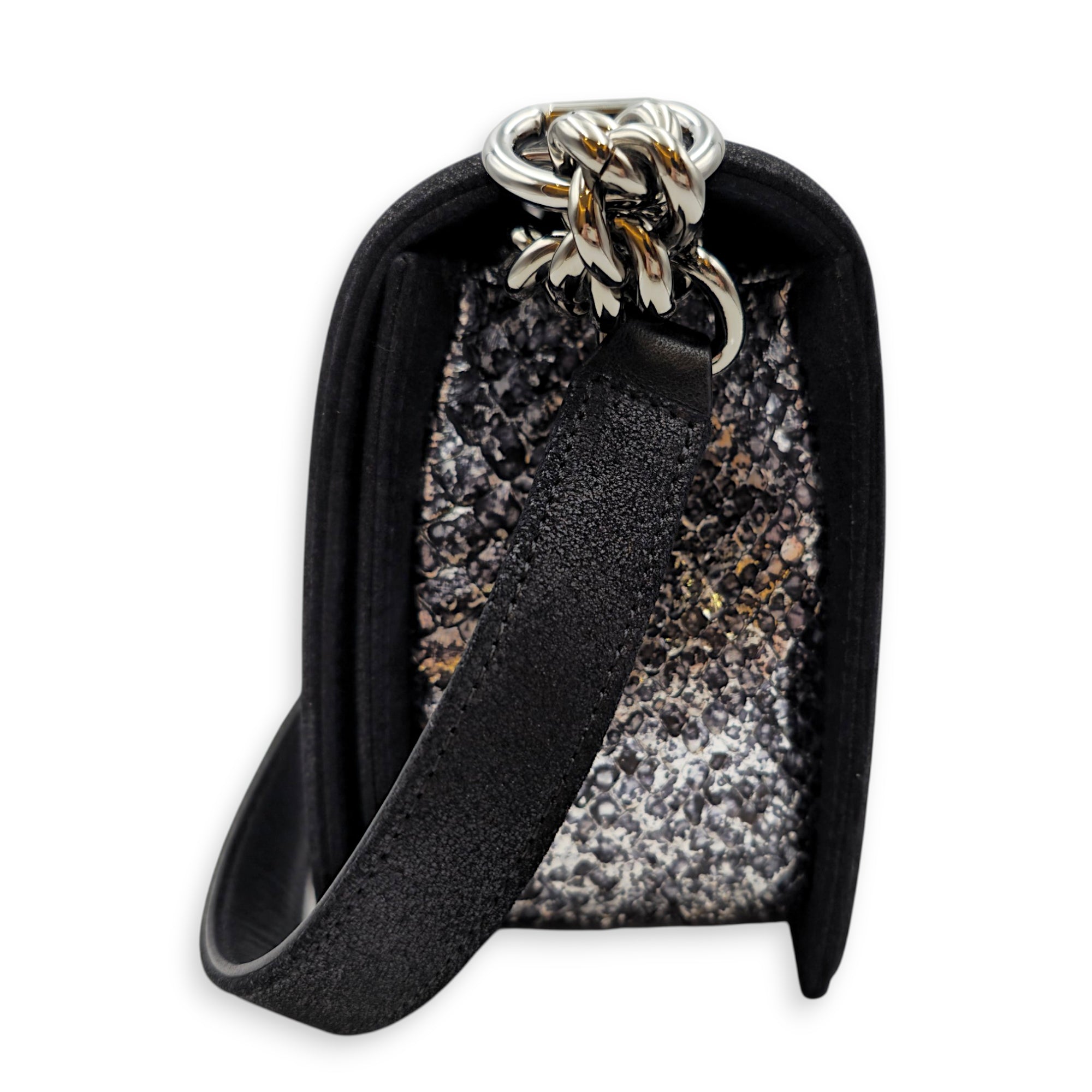 Silver Python Flap Black Shoulder Bag in Suede Leather Silver hardware
