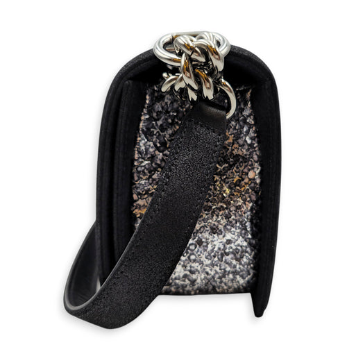 Silver Python Flap Black Shoulder Bag in Suede Leather Silver hardware