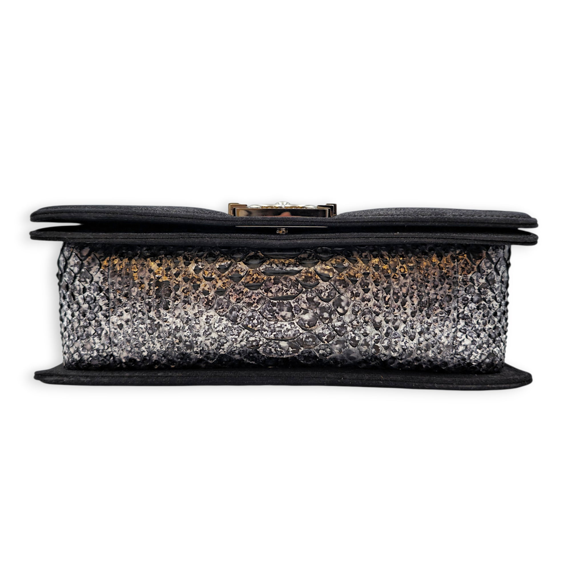 Silver Python Flap Black Shoulder Bag in Suede Leather Silver hardware
