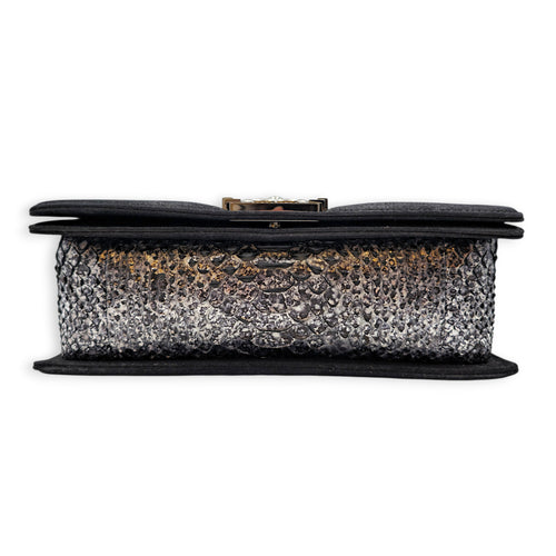 Silver Python Flap Black Shoulder Bag in Suede Leather Silver hardware