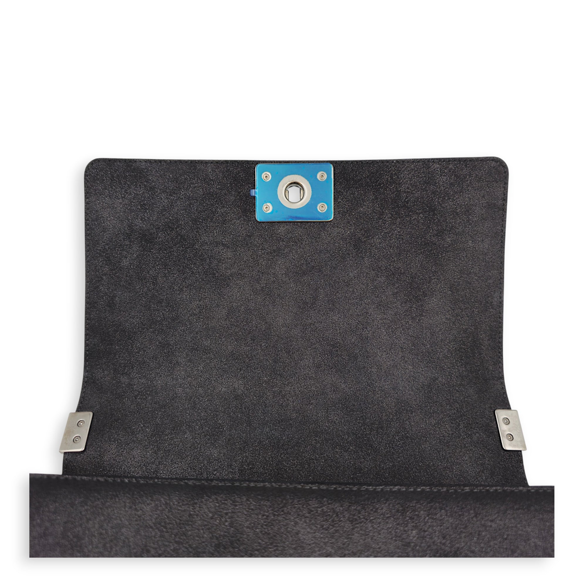 Silver Python Flap Black Shoulder Bag in Suede Leather Silver hardware