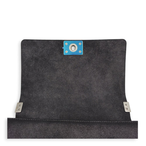 Silver Python Flap Black Shoulder Bag in Suede Leather Silver hardware