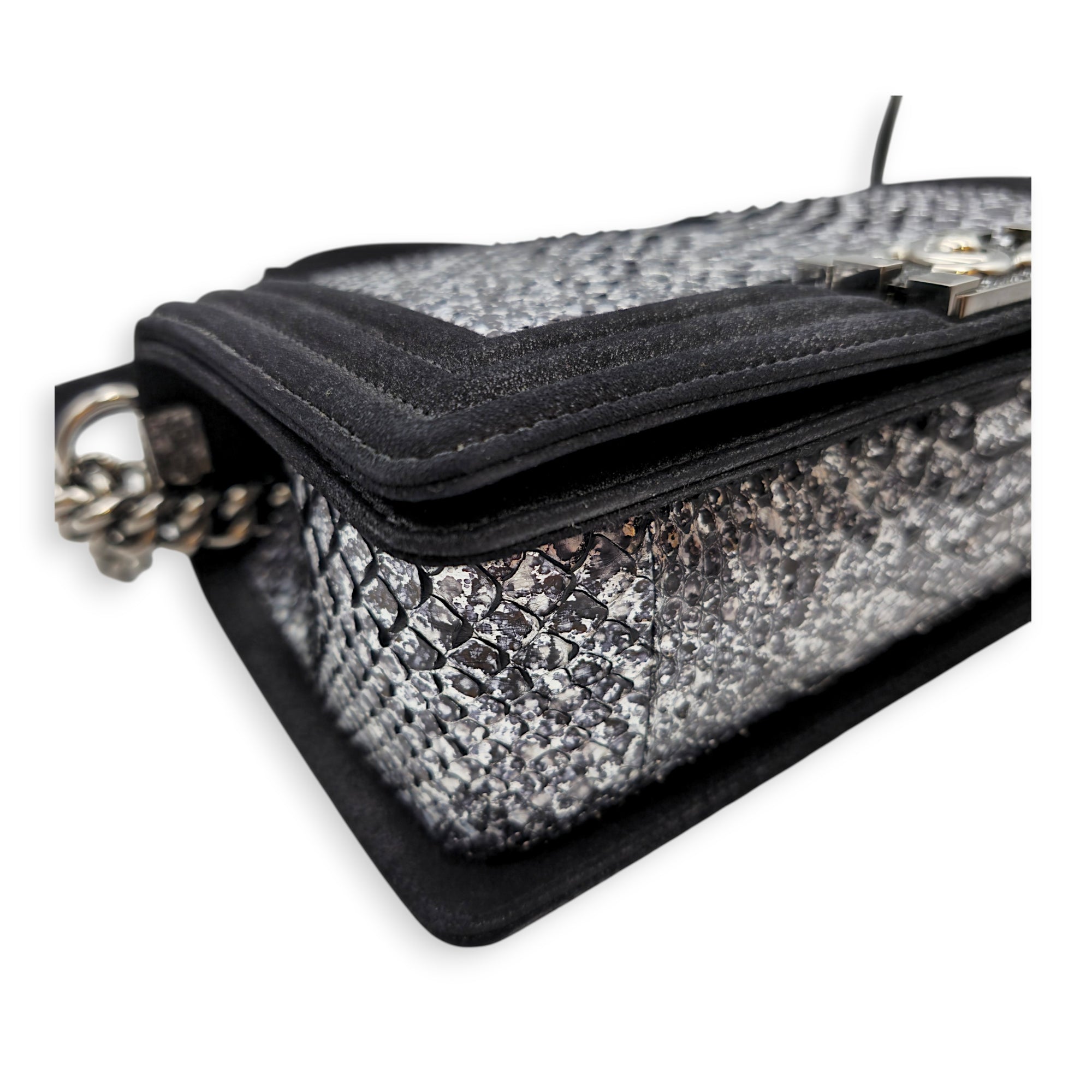 Silver Python Flap Medium Black Shoulder Bag in Suede Leather Silver hardware CL2605-21479 8