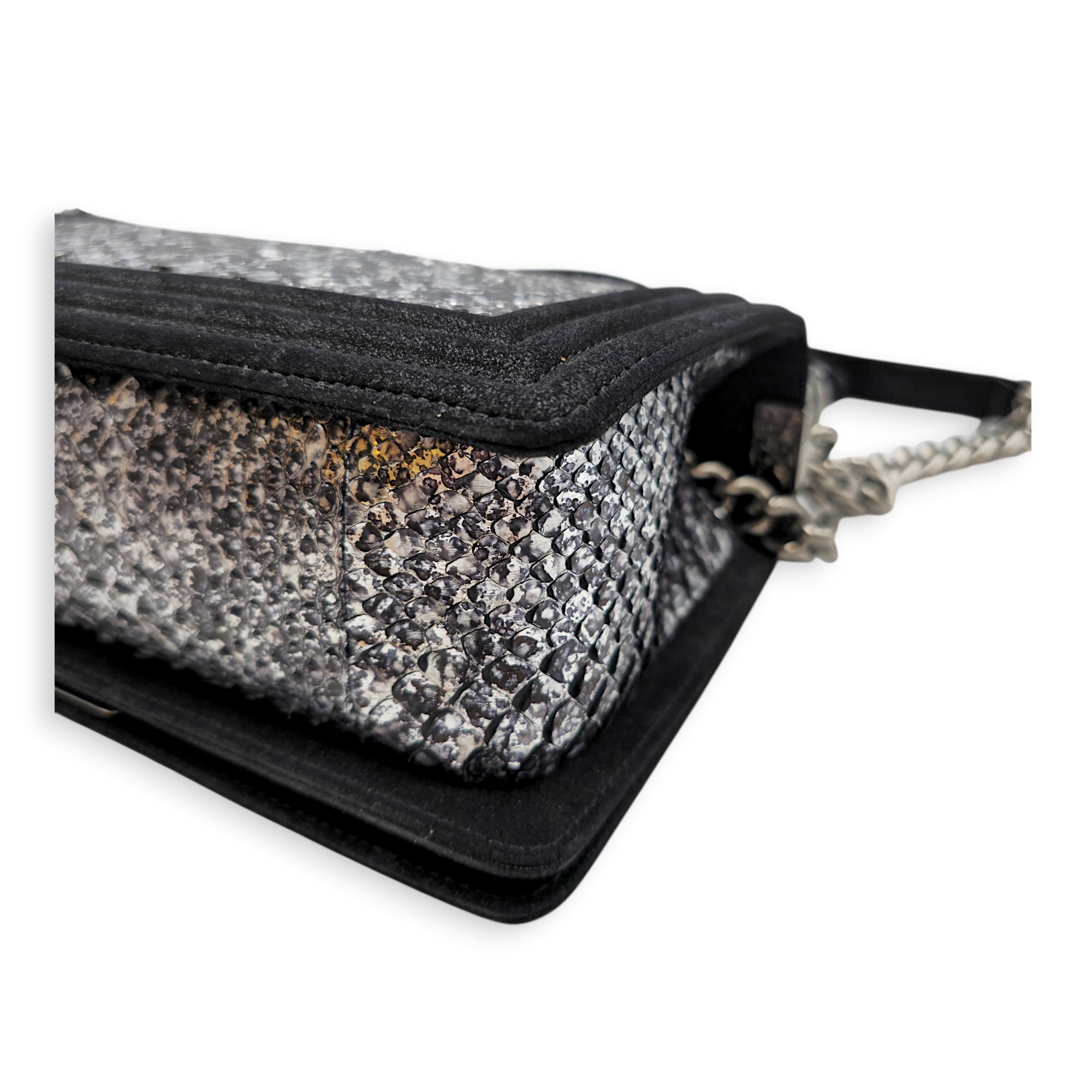 Silver Python Flap Black Shoulder Bag in Suede Leather Silver hardware