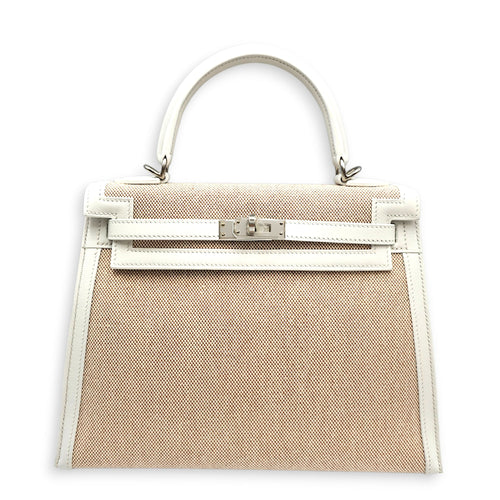 Sellier Kelly 25 New White/ Ecru-Beige in Swift/Toile Palladium hardware CL2605-21498 1