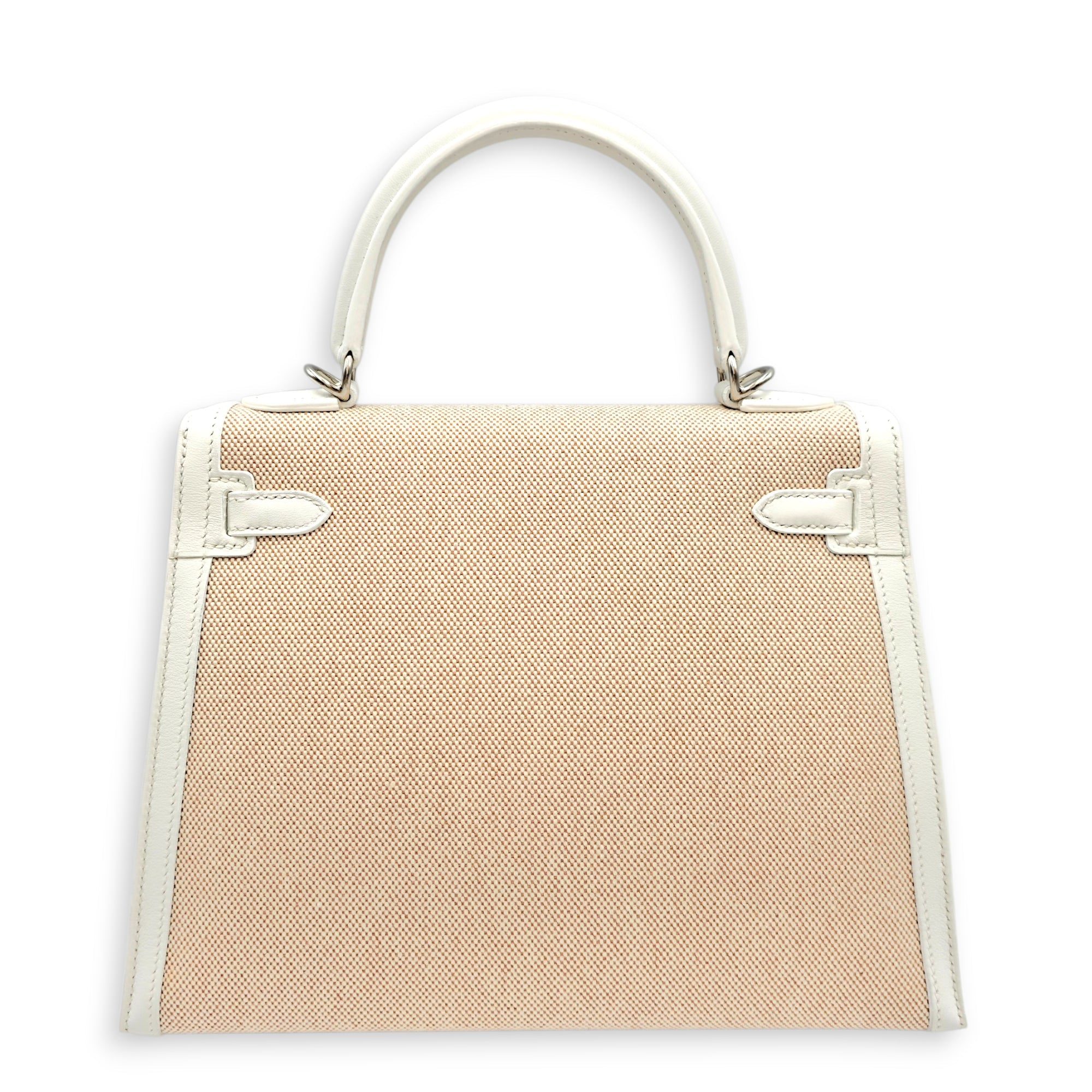 Sellier Kelly 25 New White/ Ecru-Beige in Swift/Toile Palladium hardware CL2605-21498 2