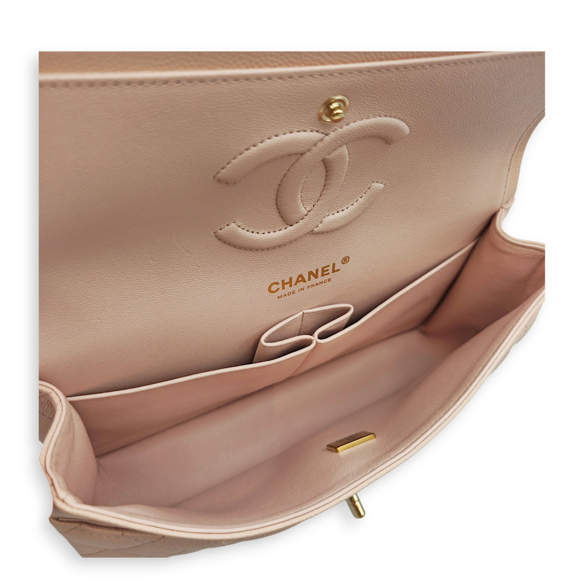 Medium Classic Flap Beige Shoulder Bag in Caviar Leather Gold hardware CL2605-21512 10