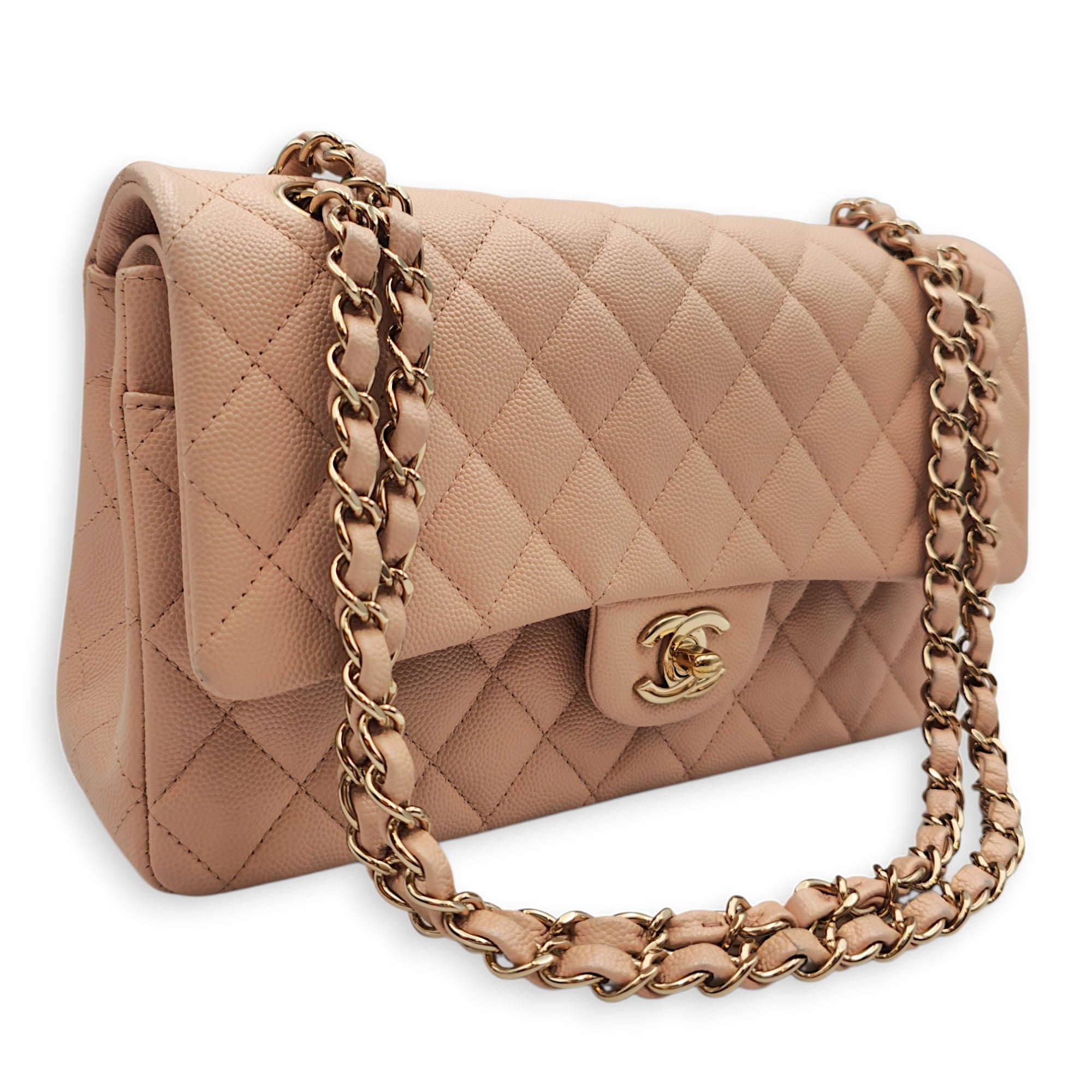 Medium Classic Flap Beige Shoulder Bag in Caviar Leather Gold hardware CL2605-21512 12