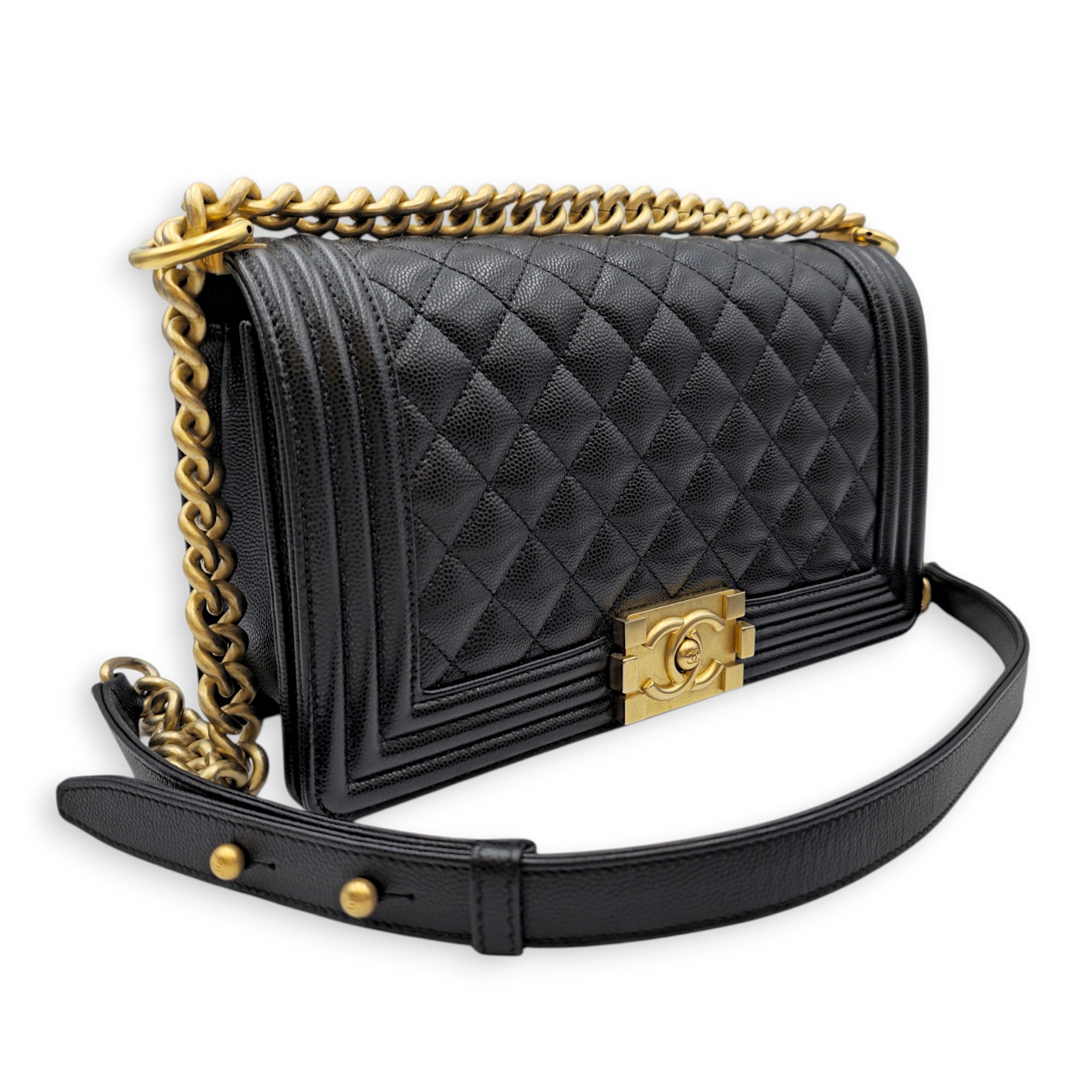 Le Boy Medium Black Shoulder Bag in Caviar Leather Gold hardware
