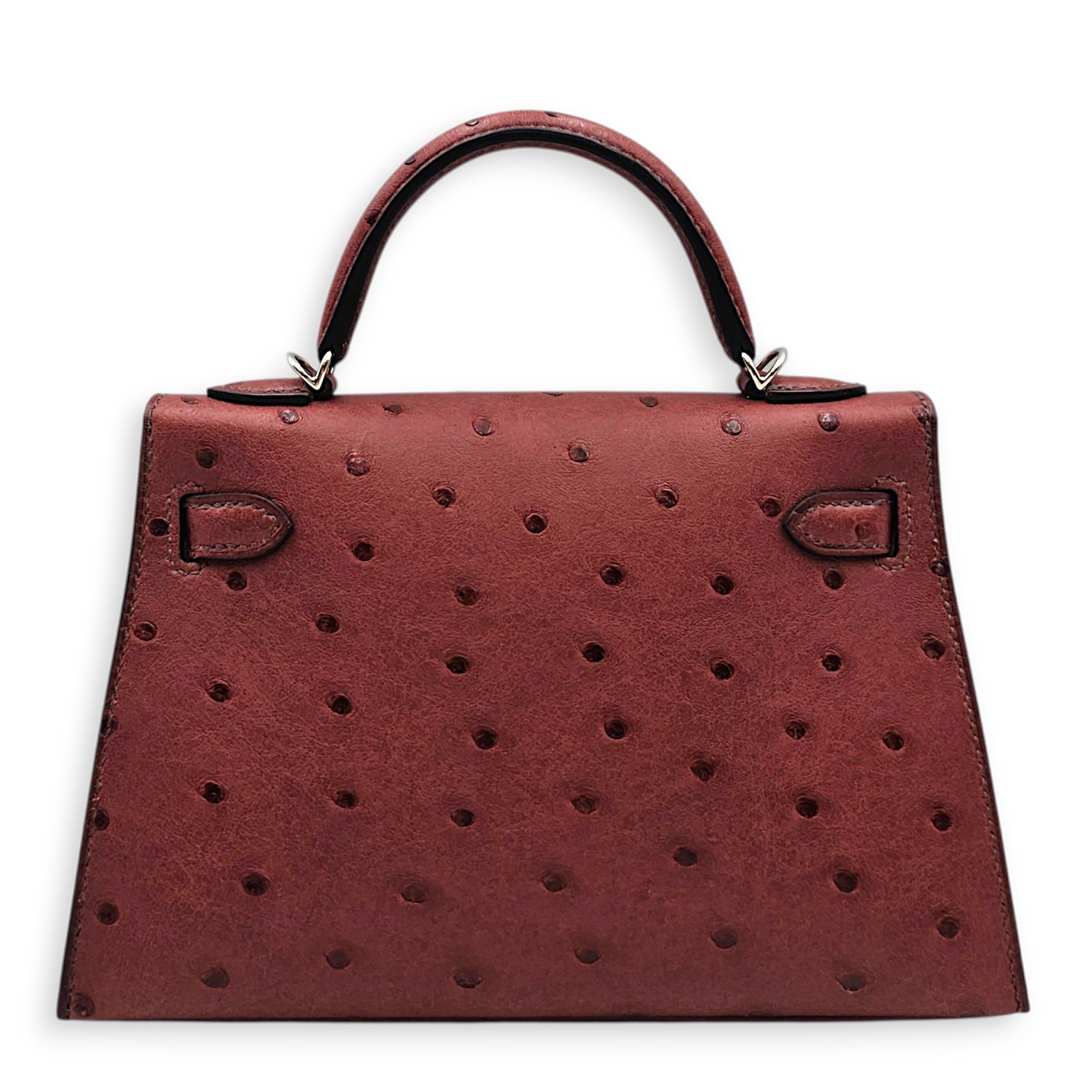 Sellier Kelly 20 Rouge H in Ostrich Palladium hardware CL2605-21552 2