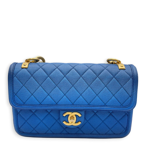 Quilted Sunset on the Sea Flap 25 Blue Shoulder Bag in Caviar Leather Gold hardware