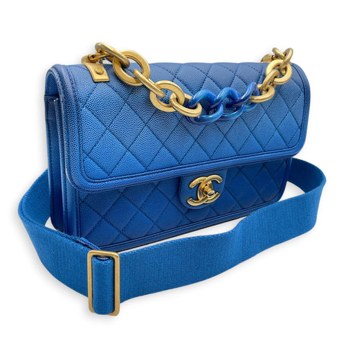 Quilted Sunset on the Sea Flap 25 Blue Shoulder Bag in Caviar Leather Gold hardware