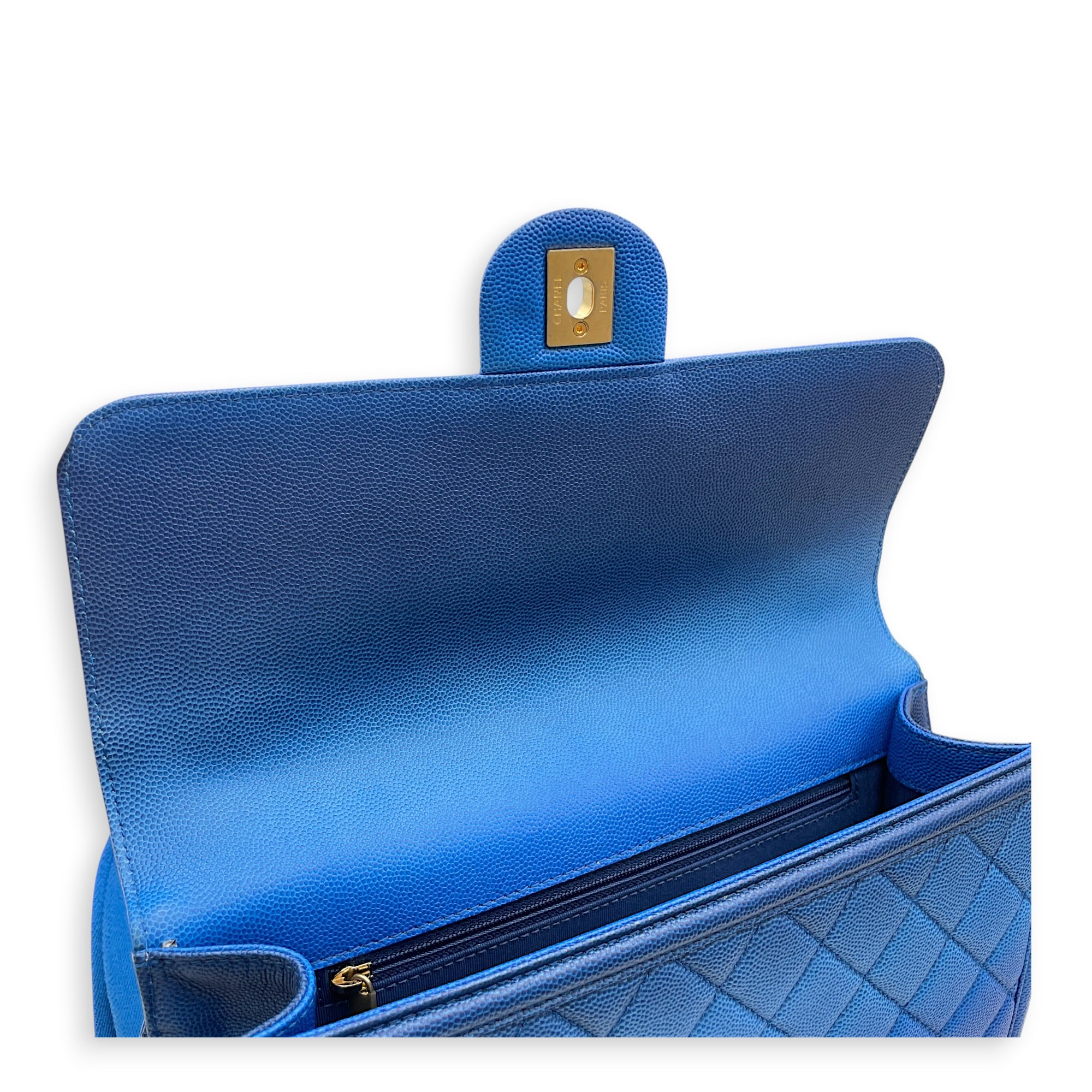 Quilted Sunset on the Sea Flap 25 Blue Shoulder Bag in Caviar Leather Gold hardware