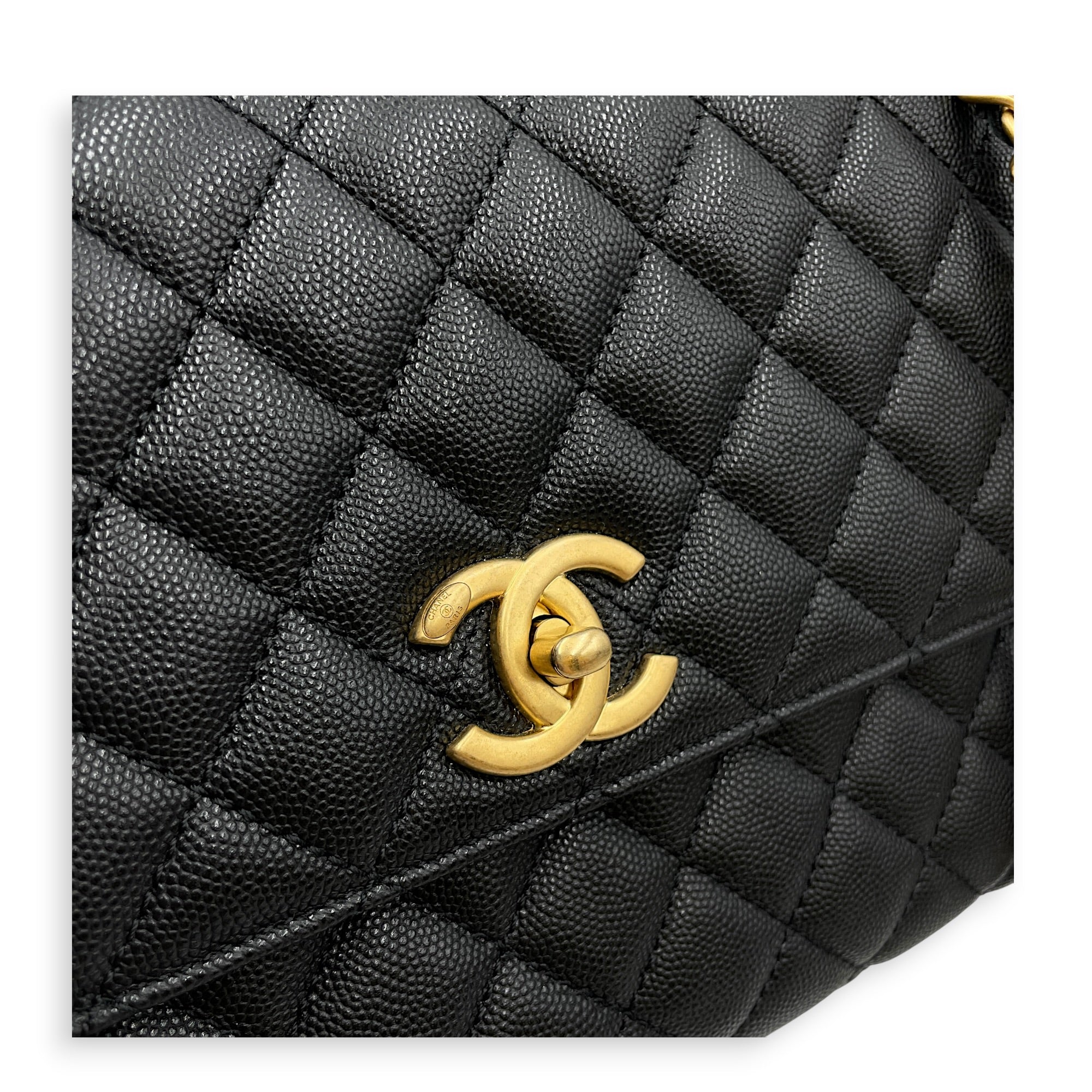 Quilted Coco Handle 29 Black Top Handle Bag in Caviar Leather Gold hardware