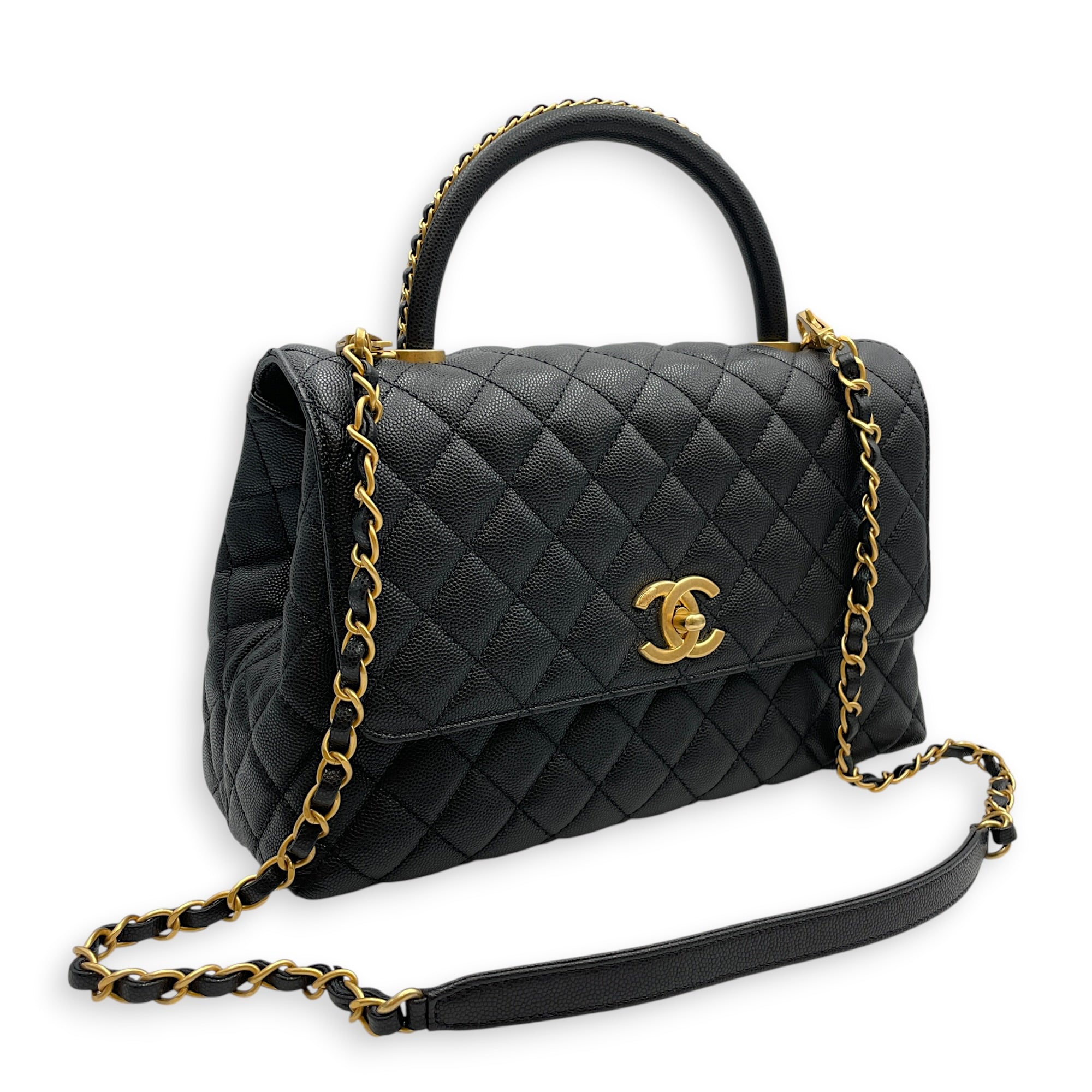 Quilted Coco Handle 29 Black Top Handle Bag in Caviar Leather Gold hardware