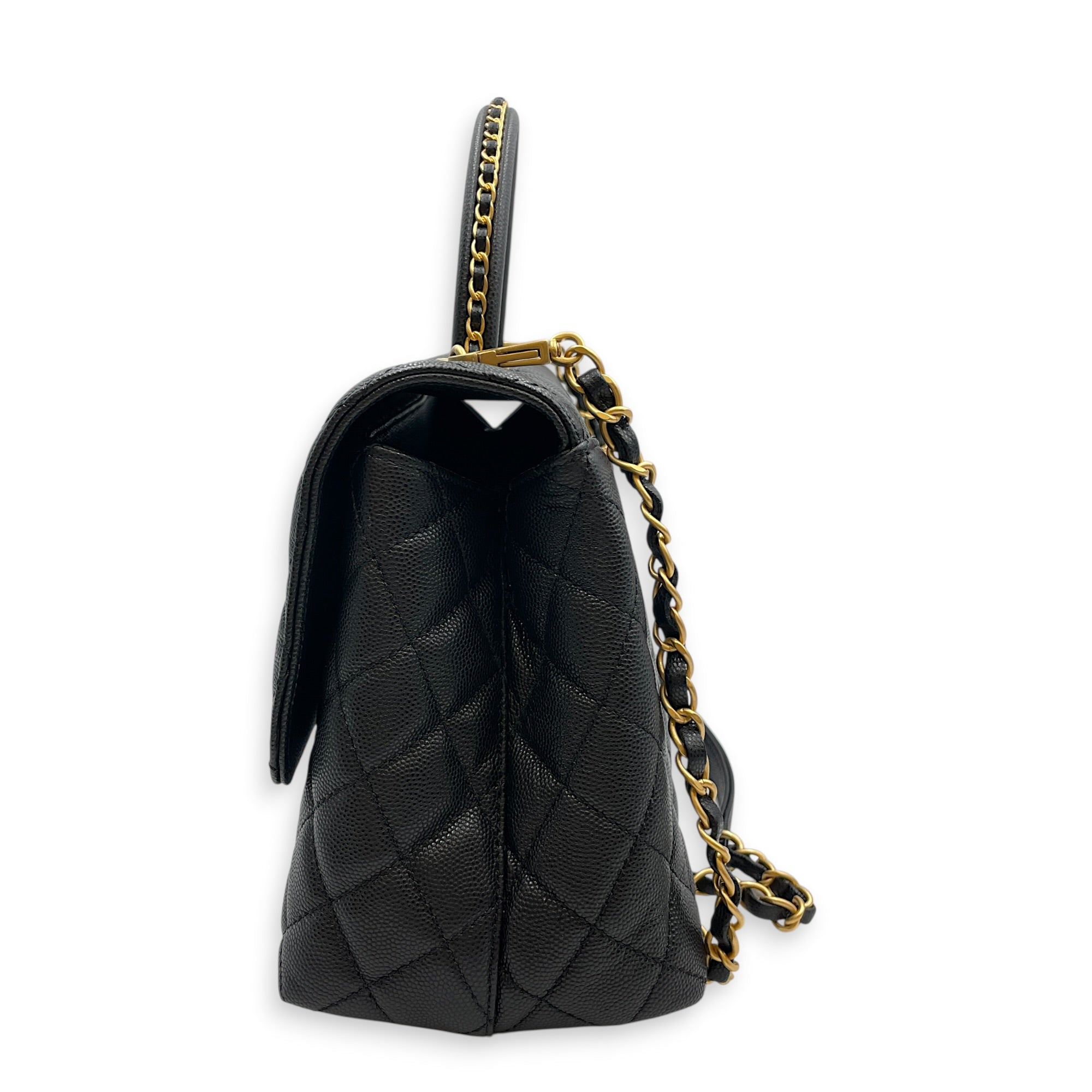 Quilted Coco Handle 29 Black Top Handle Bag in Caviar Leather Gold hardware