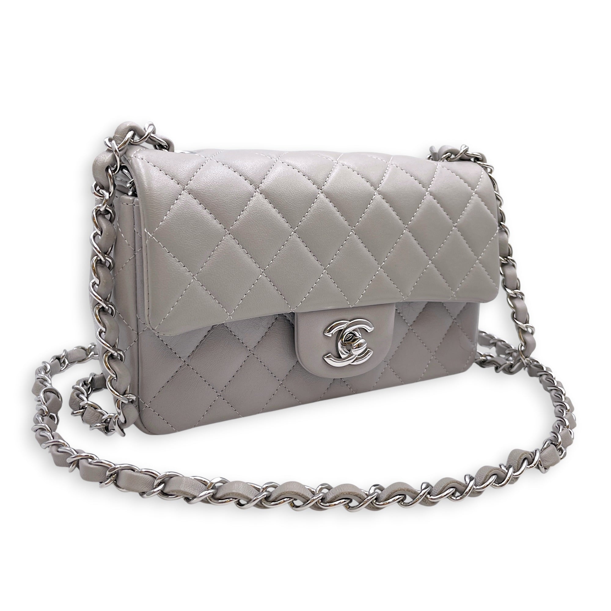 Mini Rectangular Grey Crossbody Bag in Calfskin Silver hardware
