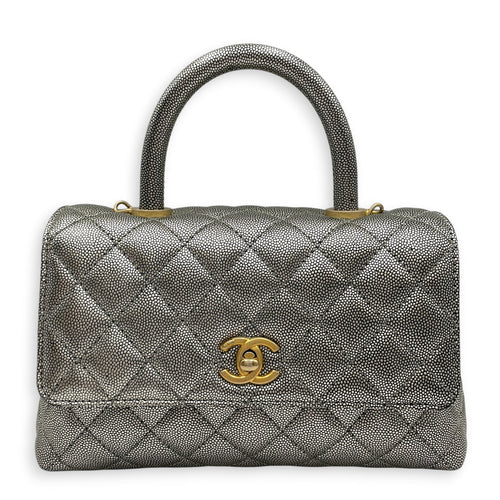 Coco Handle Metallic Silver Top Handle Bag in Caviar Leather Gold hardware CL2605-21623 1