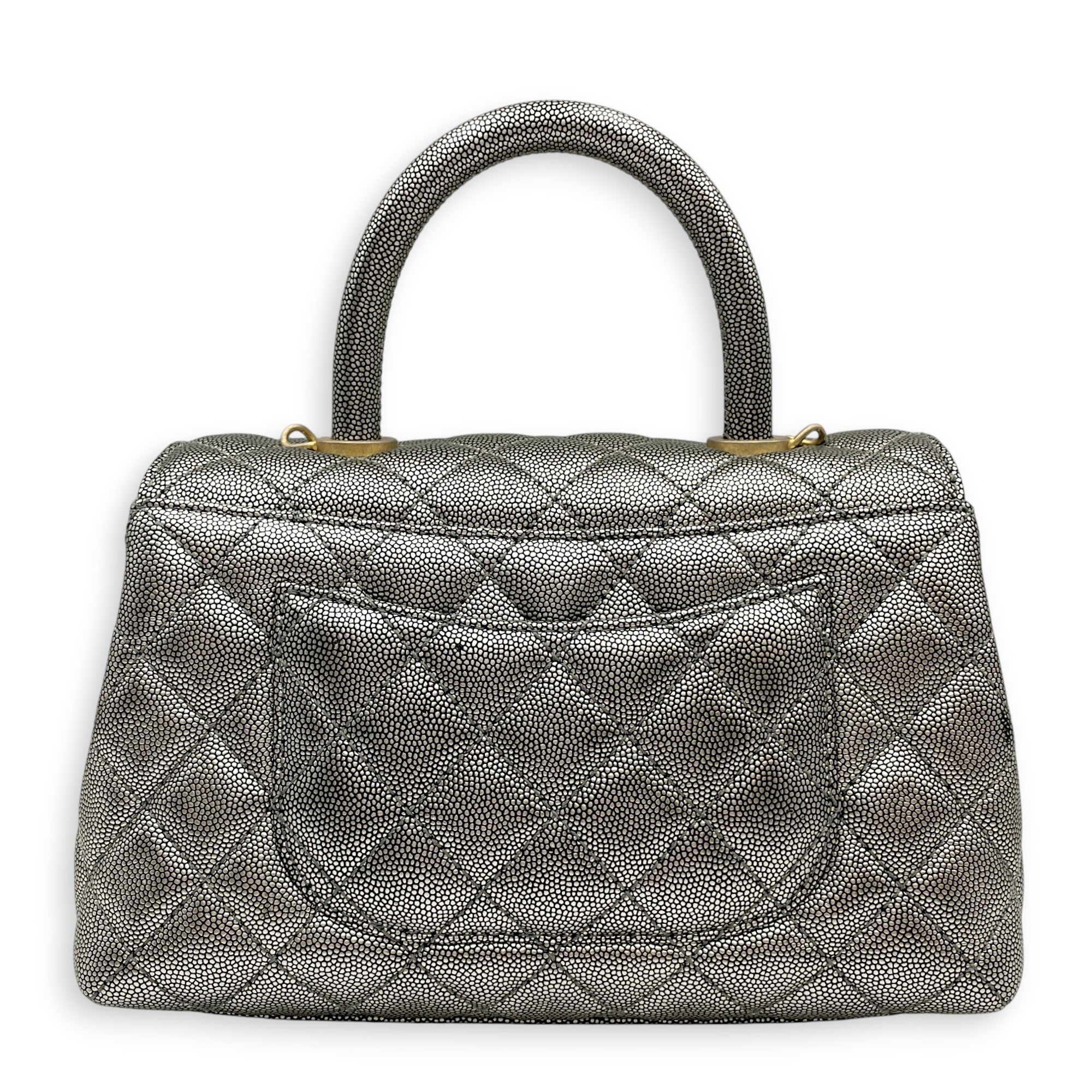 Coco Handle Metallic Silver Top Handle Bag in Caviar Leather Gold hardware CL2605-21623 2