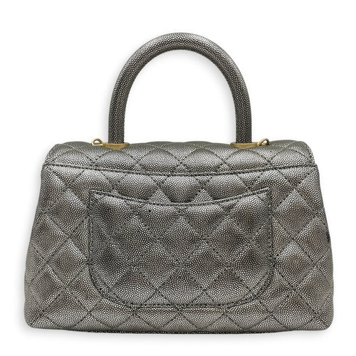 Coco Handle Metallic Silver Top Handle Bag in Caviar Leather Gold hardware CL2605-21623 2