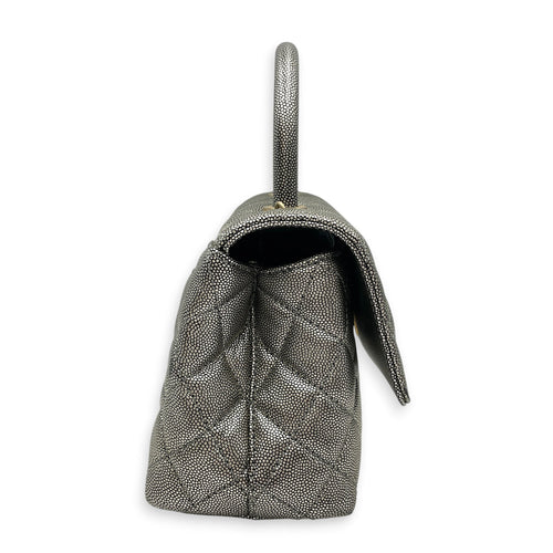 Coco Handle Metallic Silver Top Handle Bag in Caviar Leather Gold hardware CL2605-21623 3