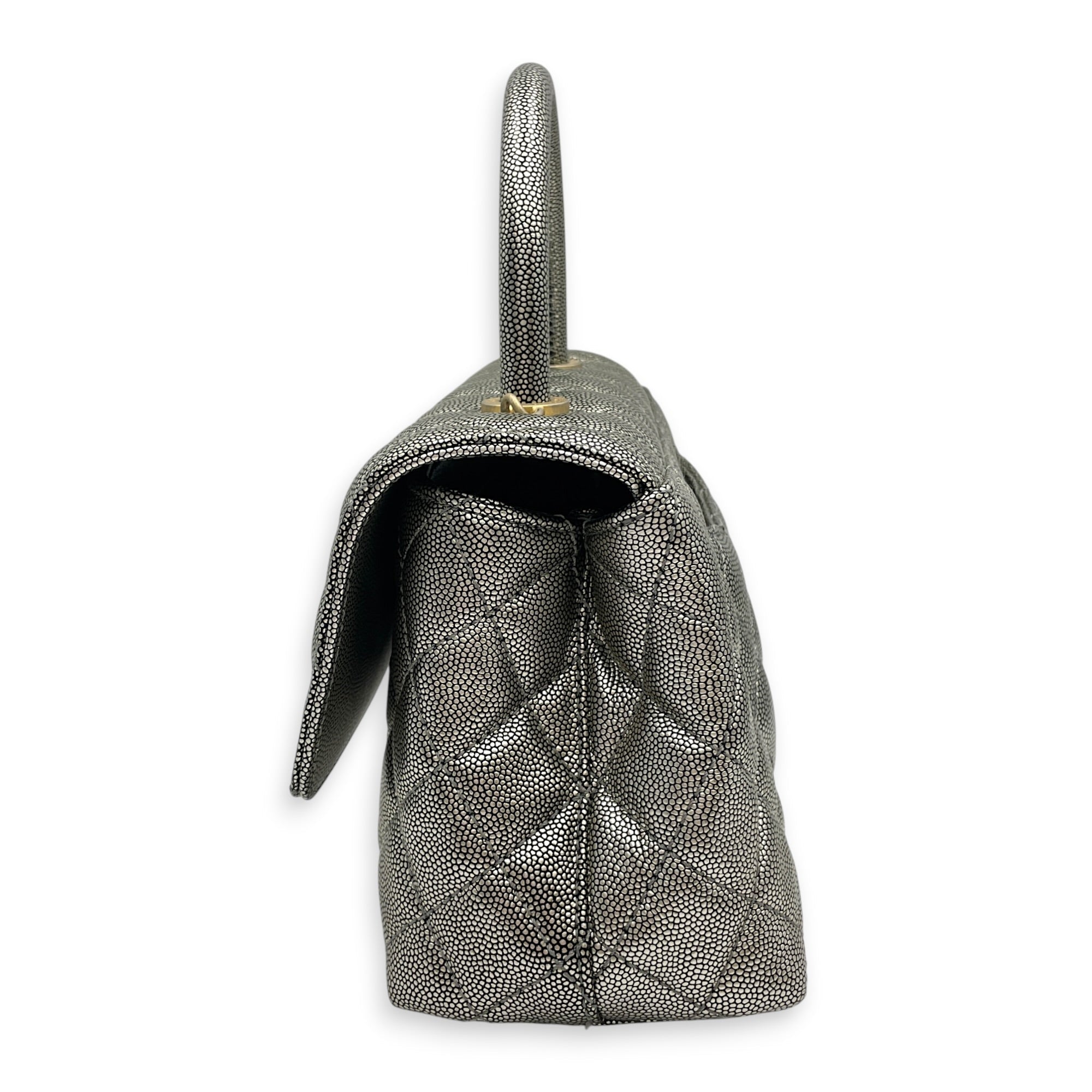 Coco Handle Metallic Silver Top Handle Bag in Caviar Leather Gold hardware CL2605-21623 4