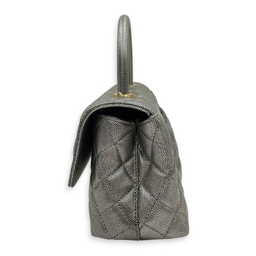 Coco Handle Metallic Silver Top Handle Bag in Caviar Leather Gold hardware CL2605-21623 4