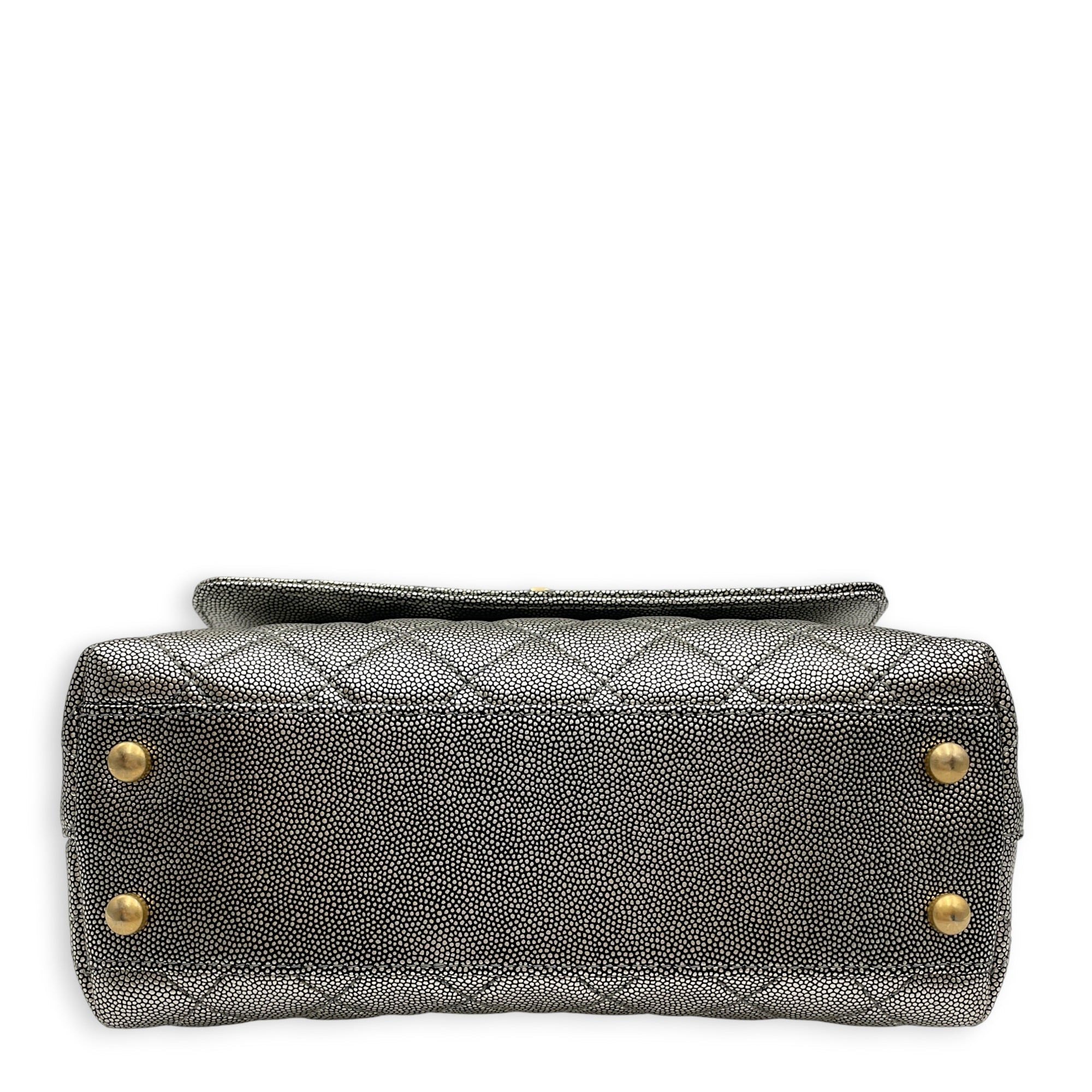 Coco Handle Metallic Silver Top Handle Bag in Caviar Leather Gold hardware CL2605-21623 5