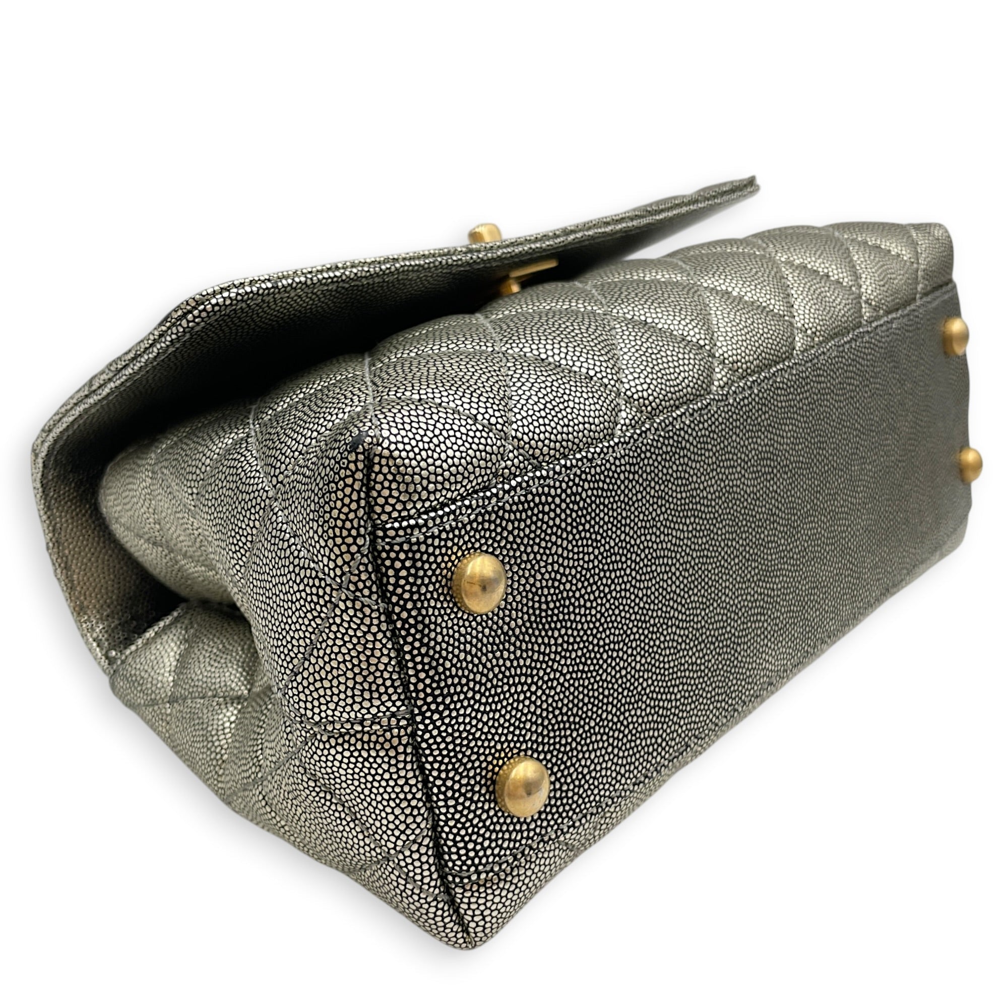 Coco Handle Metallic Silver Top Handle Bag in Caviar Leather Gold hardware CL2605-21623 7