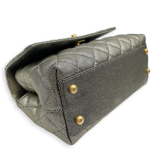 Coco Handle Metallic Silver Top Handle Bag in Caviar Leather Gold hardware CL2605-21623 7