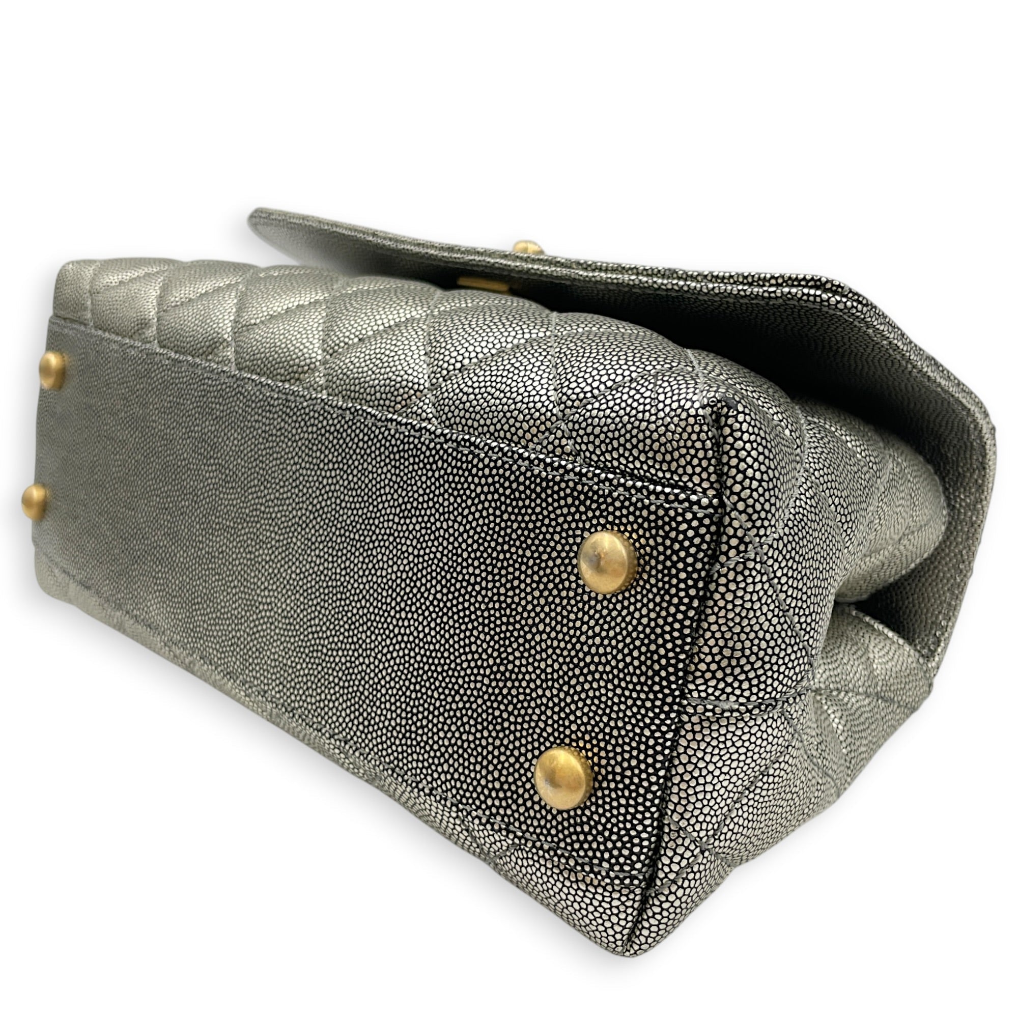 Coco Handle Metallic Silver Top Handle Bag in Caviar Leather Gold hardware CL2605-21623 8