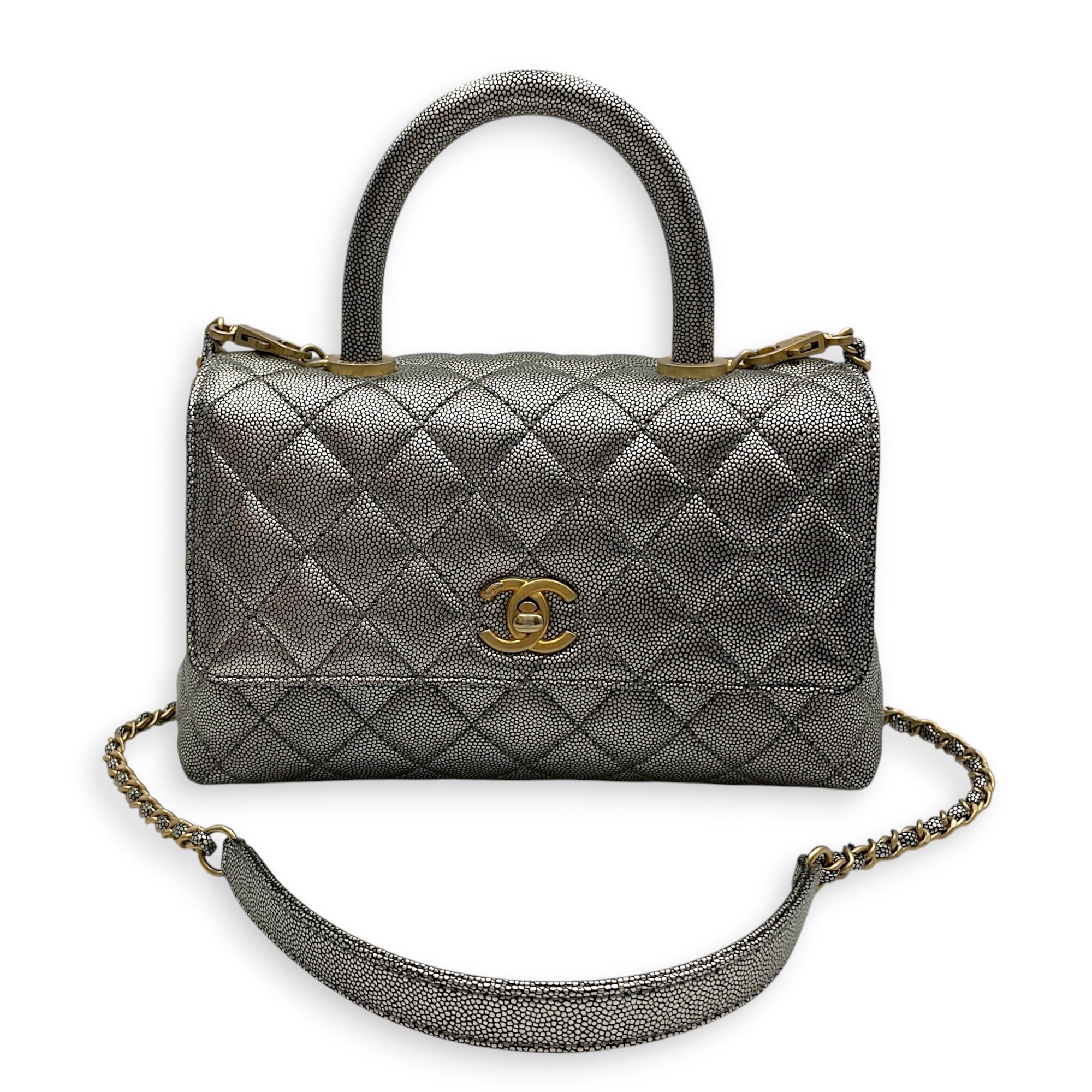 Coco Handle Metallic Silver Top Handle Bag in Caviar Leather Gold hardware CL2605-21623 9