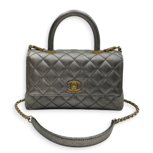 Coco Handle Metallic Silver Top Handle Bag in Caviar Leather Gold hardware CL2605-21623 9